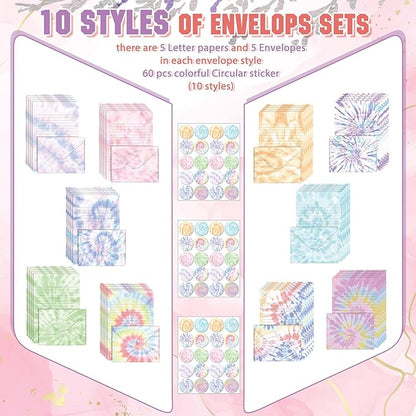 TaoBary 160 Pcs Stationery Paper Set 50 Double Sided Stationery Papers with 50 Matching Envelopes and 60 Round Dot Sticker, 10 Design(Tie Dye,5.5 x 8.25 Inch)