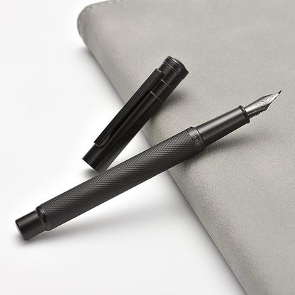 Brushed Black Forest Fude Pen, Bent Nib Calligraphy Fountain Pen (Fine to Broad) with Converter and Metal Box Set by Asvine