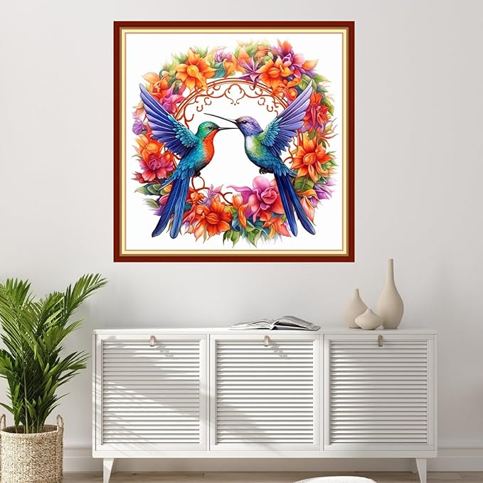 Foxhool Stamped Cross Stitch Kits,11CT Printed Cross Stitch Pattern Full Embroidery Kits for Beginner Needlepoint Kits-Hummingbird Wreath 18x18 inchs