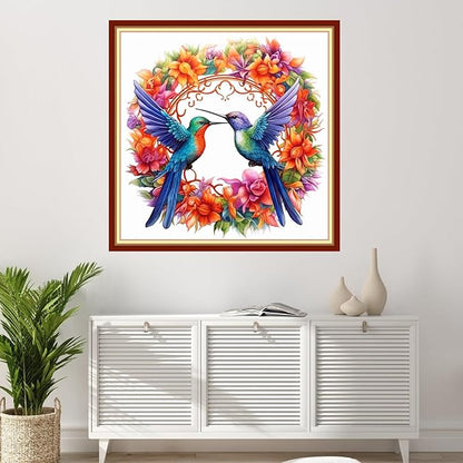 Foxhool Stamped Cross Stitch Kits,11CT Printed Cross Stitch Pattern Full Embroidery Kits for Beginner Needlepoint Kits-Hummingbird Wreath 18x18 inchs