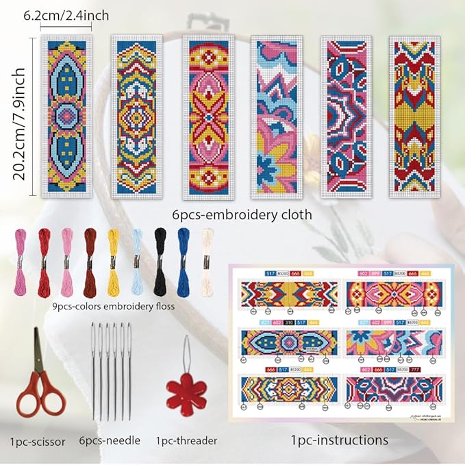 ORIGACH 6 Set Mandala Pattern Cross Stitch Bookmark Kit for Beginner with Backing Felt Floss Instructions DIY Stamped Embroidery Bookmark Kit for Adults, Book Lovers