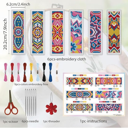 ORIGACH 6 Set Mandala Pattern Cross Stitch Bookmark Kit for Beginner with Backing Felt Floss Instructions DIY Stamped Embroidery Bookmark Kit for Adults, Book Lovers