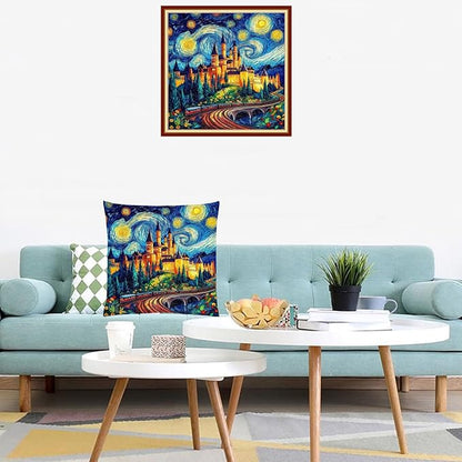 Lovxvouy Pillow Cross Stitch Kits for Adults Beginners-Preprinted Needlepoint Kit Stamped Crossstitching Kits 11CT Cross-Stitch Kit Stitches Kit Embroidery Kits-Van Gogh Starry Night Castle18x18inchs