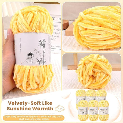 Velvet Chenille Yarn Pack – 6 Skeins × 100g Super Bulky (CYC #6) – Soft Velvet Chunky for Crocheting & Knitting, Fluffy Chenille Yarn for Blankets, Scarves & Crafts (Yellow)