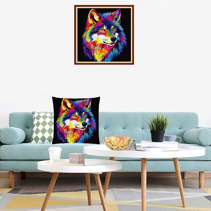 Lovxvouy Pillow Cross Stitch Kits for Adults Beginners-Preprinted Needlepoint Kit Stamped Crossstitching Kits 11CT Cross-Stitch Kit Stitches Kit Embroidery Kits-Colorful Wolf 18x18 inchs