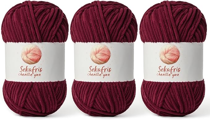 3 Pack Burgundy Chunky Chenille Yarn for Crocheting, Bulky Velvet Yarns for Crochet, Baby Yarn for Crocheting Soft Blanket, 393 yds/10.5 oz Fluffy Amigurumi Crochet Yarn