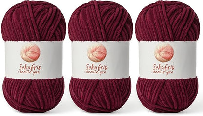 3 Pack Burgundy Chunky Chenille Yarn for Crocheting, Bulky Velvet Yarns for Crochet, Baby Yarn for Crocheting Soft Blanket, 393 yds/10.5 oz Fluffy Amigurumi Crochet Yarn