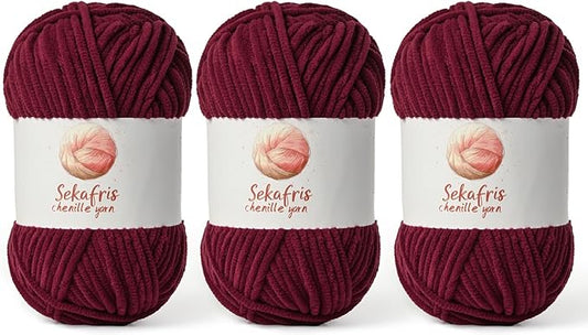 3 Pack Burgundy Chunky Chenille Yarn for Crocheting, Bulky Velvet Yarns for Crochet, Baby Yarn for Crocheting Soft Blanket, 393 yds/10.5 oz Fluffy Amigurumi Crochet Yarn