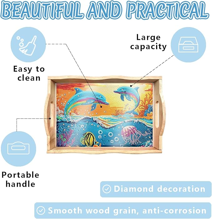 DOTSOPS 5D Diamond Art Wooden Serving Tray with Handle for Adults DIY Diamond Painting Kits for Beginners Full Drill Diamond Dots Gem Arts and Crafts Special Shape 7.8x11.8 Inches Dolphin