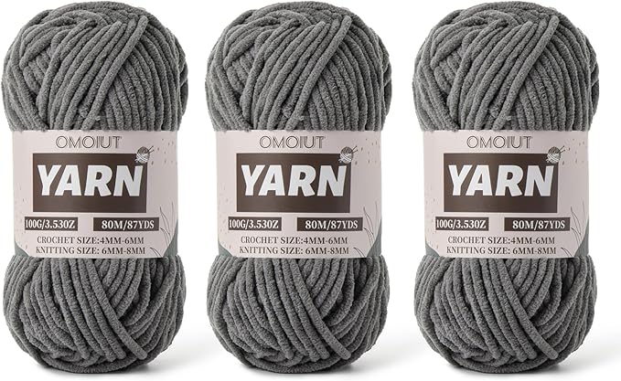 Fluffy Chenille Yarn for Crocheting - Baby Yarn for Crocheting Soft Blanket - 3 Pack of 100g/(87.4yds) Crochet Amigurumi Chunky Yarns - Super Bulky 5 Velvet Yarns (3 Dark Gray)