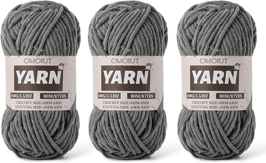 Fluffy Chenille Yarn for Crocheting - Baby Yarn for Crocheting Soft Blanket - 3 Pack of 100g/(87.4yds) Crochet Amigurumi Chunky Yarns - Super Bulky 5 Velvet Yarns (3 Dark Gray)