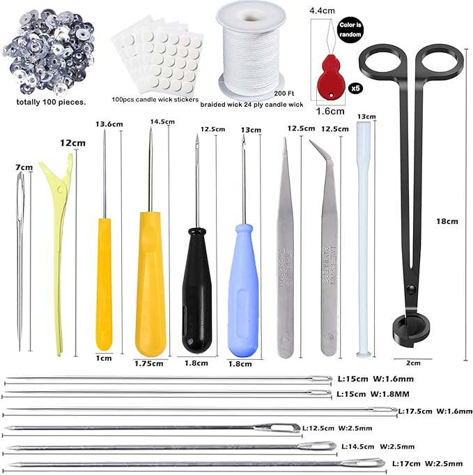 28 PCS Beginners Candle Making Kit for Adults with 200 ft candlewick,Wick Inserting Tool Molds Punch Needle with Hook Eye,Long Large-Eye Candle Wicking Needle for Punching Molds & Candles