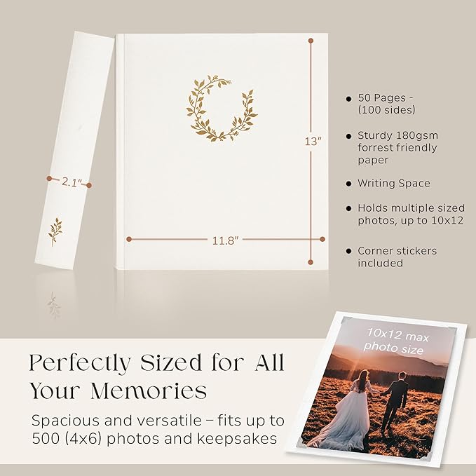 La Lente Premium Scrapbook Album – Photo Album with Writing Space – 100 Pages for Multiple Sizes 4x6, 5x7, 6x8, 8x10 – Holds 500 Photos – Wedding, Baby, Travel & Family Memories