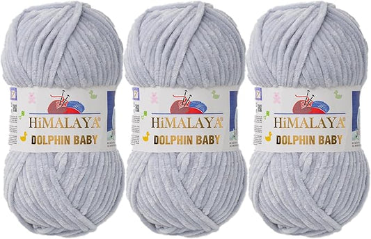 3 Skein/Pack Himalaya Dolphin Baby Chenille Yarn, Each Ball 100 gr (3.5 oz), 120 m (132 Yards), 100% Polyester, Super Bulky Baby Blanket Velvet Amigurumi Yarn, 80325 - Light Gray