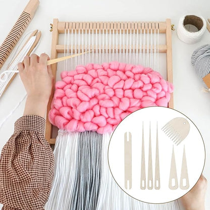 7 Pcs Wood Hand Loom Stick Set, Weaving Tools with 5 Wooden Weaving Crochet Needles, 1 Wooden Shuttle and Wood Weavings Comb for Knitted DIY Crafts Supplies