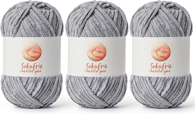 3 Pack Grayish Chunky Chenille Yarn for Crocheting, Bulky Velvet Yarns for Crochet, Baby Yarn for Crocheting Soft Blanket, 393 yds/10.5 oz Fluffy Amigurumi Crochet Yarn