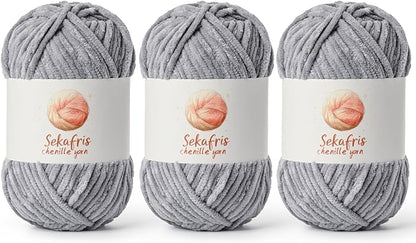 3 Pack Grayish Chunky Chenille Yarn for Crocheting, Bulky Velvet Yarns for Crochet, Baby Yarn for Crocheting Soft Blanket, 393 yds/10.5 oz Fluffy Amigurumi Crochet Yarn