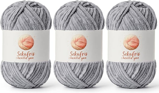 3 Pack Grayish Chunky Chenille Yarn for Crocheting, Bulky Velvet Yarns for Crochet, Baby Yarn for Crocheting Soft Blanket, 393 yds/10.5 oz Fluffy Amigurumi Crochet Yarn