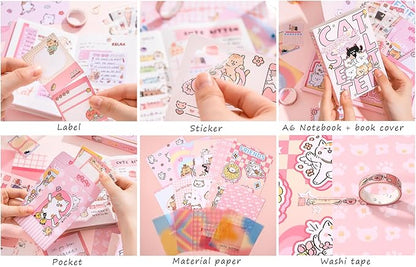 Draupnir Kawaii Pink Cute Cat Scrapbook Kit, Bullet Junk Journal Kit with Journaling/Scrapbooking Supplies, Stationery, A6 Grid Notebook Graph Ruled Pages.DIY Gift for Teen Girl Kid Women.