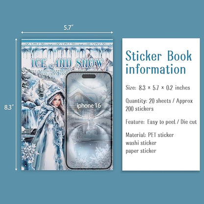 Precut Winter Aesthetic Scrapbook Sticker Book, 20 Sheets People Landscape Animal Snowflake Journaling Supplies for Adults Card Making Collage (Blue)