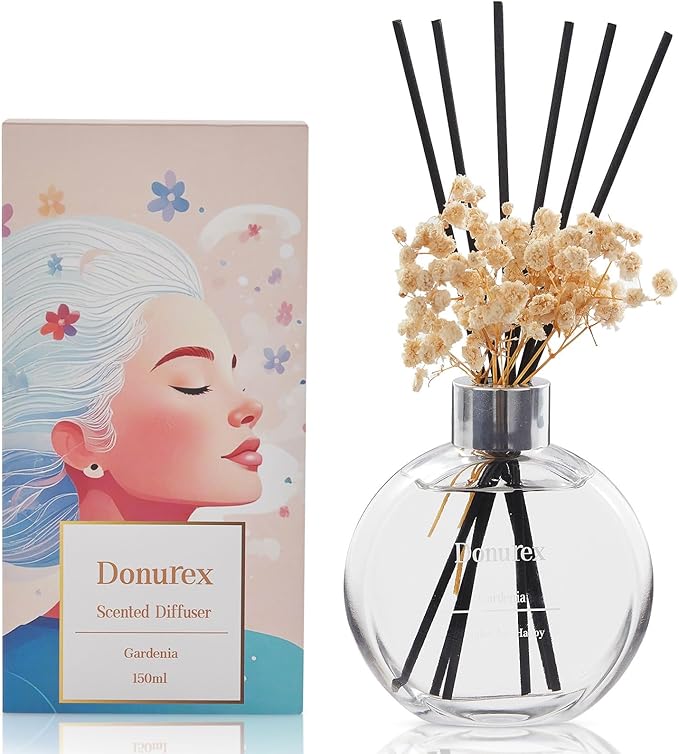 Donurex Flower Reed Diffuser Set 5.07oz Gardenia Scent Diffuser with Sticks Home Fragrance Reed Diffuser for Bathroom Shelf Decor
