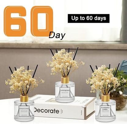 POWSHELF Reed Diffuser Set of 3 Pack,50ML Clean Linen Lemongrass Eucalyptus & Mint Scented Oil Diffuser with 5 Sticks,Home Fragrance Reed Diffuser for Bedroom Bathroom Office