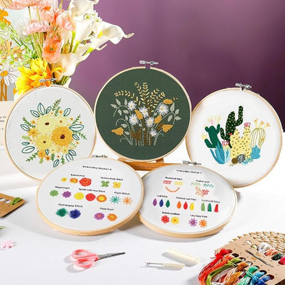 4 Pack Embroidery kit for Beginners Adults DIY Starter Kit, Cross Stitch Kits with Flower Stamped Patterns, Embroidery Hoop, Tools,Colorful Threads,Step by Step Instructions,Hand Craft Lover Gift
