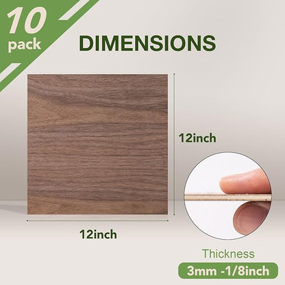 ROBOTIME 10-Pack Walnut Plywood for Laser Cutting - 12 x 12 x 1/8 Inch Laser Engraving Blanks - 3mm Wood for Laser Cutting, Engraving & Wood Burning (Pyrography) - Unfinished Wood for Crafts