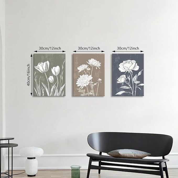 3 Pcs Boho White Flowers Botanical Canvas Wall Art Wooden Rustic Minimalist Farmhouse Floral Wall Paintings Vintage Blossom Picture Artwork Wall Decor for Bedroom Living Room Reay to Hang 12"x16"x3