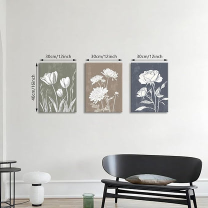 3 Pcs Boho White Flowers Botanical Canvas Wall Art Wooden Rustic Minimalist Farmhouse Floral Wall Paintings Vintage Blossom Picture Artwork Wall Decor for Bedroom Living Room Reay to Hang 12"x16"x3