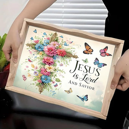 DoxQcs DIY Diamond Art Wooden Tray Kit Easter Food Tray with Handle Diamond Painted Table Decoration Tray for Breakfast Bar Dinner Table Diamond Art Painting for Beginners-#09-Flower Cross
