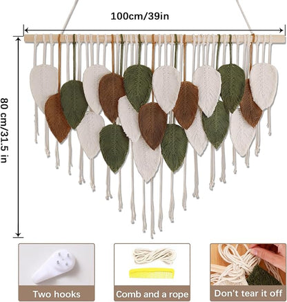Tiaforza Macrame Wall Hanging Decor Art, Handmade Leaf Feather Woven Boho Wall Tapestry, Ideal Decor for Apartment, Bedroom, Living Room, Office and Dining Area, Size 39" W x 29.5" L