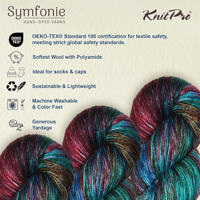 KnitPro Symfonie Hand Dyed Yarn | Extra Fine Merino Wool & Polyamide Blend for Knitting & Crocheting, Fingering Weight, Oeko-TEX Certified 400m, 100g Skein | Terra Variegated Tropical Seascape
