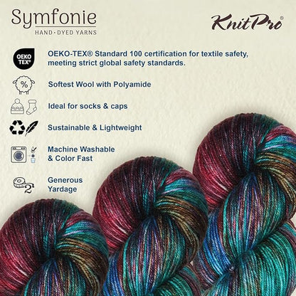 KnitPro Symfonie Hand Dyed Yarn | Extra Fine Merino Wool & Polyamide Blend for Knitting & Crocheting, Fingering Weight, Oeko-TEX Certified 400m, 100g Skein | Terra Variegated Tropical Seascape