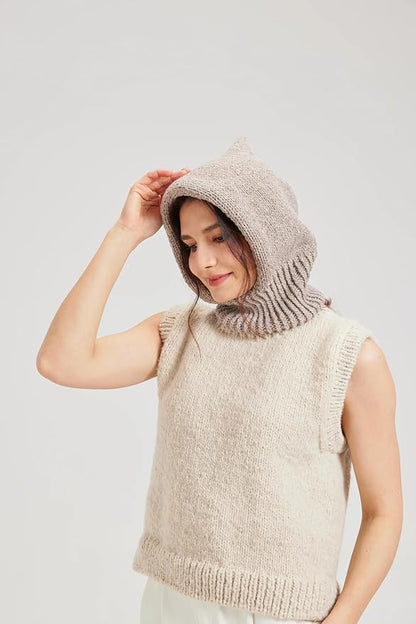 Chic Loops Knitting Kit for Beginners, Knitted Hooded Scarf Beginner Crochet Kit for Adults, Crochet Soft and Cozy Balaclava Hooded Hat for Womem Outdoor Sports with Instruction(Withered Grass)