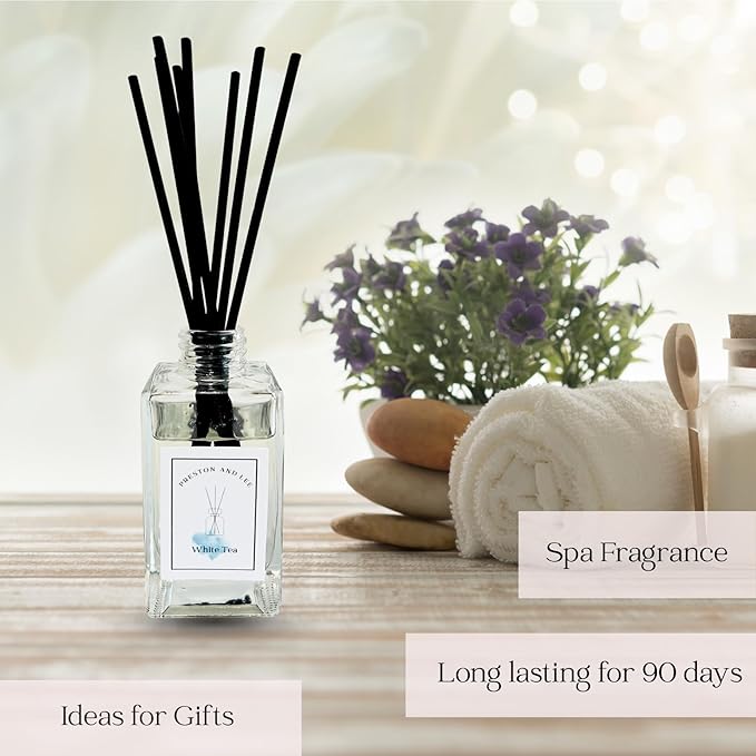 Preston and Lee Reed Diffuser Set | 100 ml (3.4 fl oz) White Tea Scent | Reed Diffuser Set | Aromatherapy Diffusers | Natural Reed Diffuser Oil for Home and Spa Fragrance