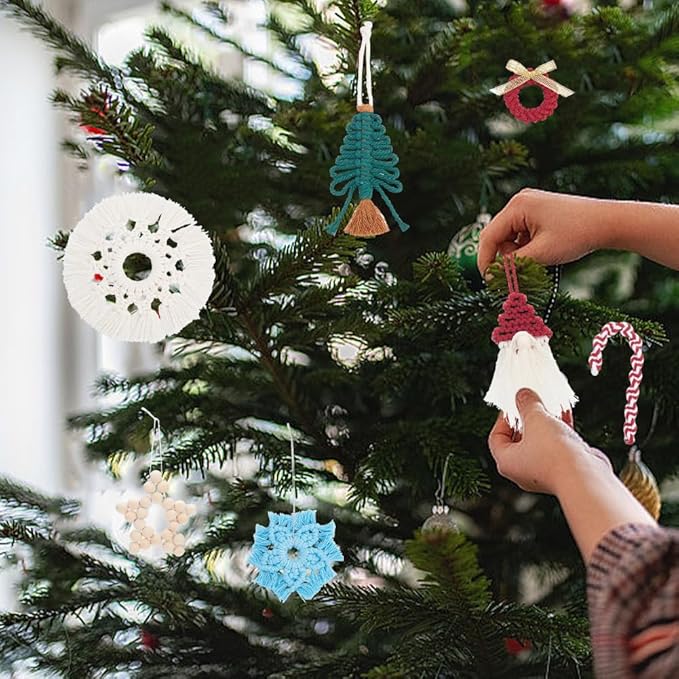 FREEBLOSS 9 Set DIY Macrame Christmas Oranments Macrame Xmas Gnomes Macrame Christmas Tree Macrame Hanging Ornament Kit Macrame Kits for Adults Beginners Macrame Supplies for Christmas Crafts