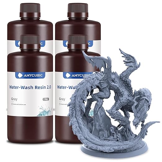 ANYCUBIC Water Washable Resin 2.0 Bundle, 3D Printer Resin with Low Viscosity and Fast Printing, 405nm High Precision 3D Resin, 8K Capable LCD DLP 3D Printing, 4Packs*1kg Grey, 4kg in Total