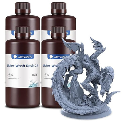 ANYCUBIC Water Washable Resin 2.0 Bundle, 3D Printer Resin with Low Viscosity and Fast Printing, 405nm High Precision 3D Resin, 8K Capable LCD DLP 3D Printing, 4Packs*1kg Grey, 4kg in Total