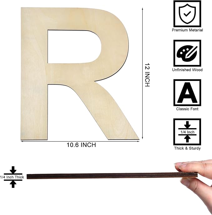 12 Inch Wooden Letter R, 1/4 Inch Thick Large Unfinished Wood Letter for Home Wall Decor, DIY Crafts