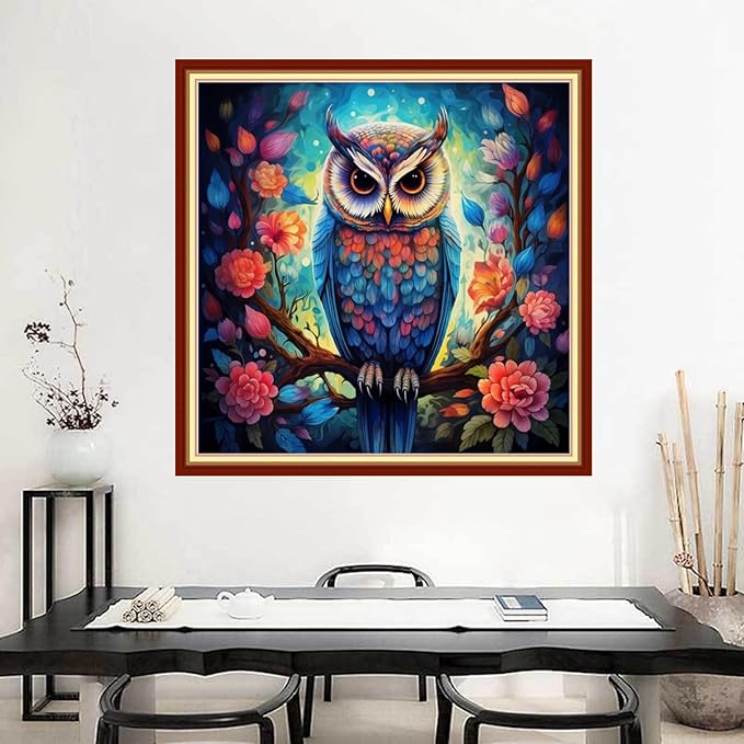 Joyhoor Stamped Cross Stitch Kits for Beginners Needlepoint Kits for Adults Embroidery Kits 11CT Counted Cross Stitch Kits Printed Embroidery Pattern-Flower owl 18x18 inchs