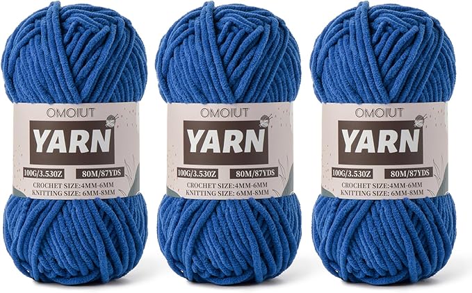 Fluffy Chenille Yarn for Crocheting - Baby Yarn for Crocheting Soft Blanket - 3 Pack of 100g/(87.4yds) Crochet Amigurumi Chunky Yarns - Super Bulky 5 Velvet Yarns (3 Blue)