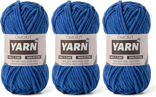 Fluffy Chenille Yarn for Crocheting - Baby Yarn for Crocheting Soft Blanket - 3 Pack of 100g/(87.4yds) Crochet Amigurumi Chunky Yarns - Super Bulky 5 Velvet Yarns (3 Blue)