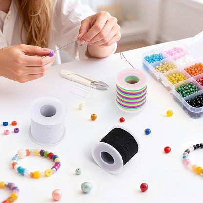 Stretchy Bracelet String Kit with Scissors & Beading Needle, 4 Rolls Elastic String for DIY Crafts, 1mm Stretchy Cord for Jewelry Making Sewing Necklace Beading, 660FT, (Black, White, Rainbow)