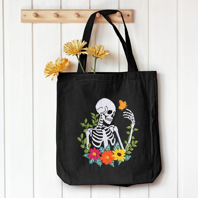 Louise Maelys Helloween Embroidery Kit Canvas Tote Bag for Beginners,Cross Stitch Kits for Adults,DIY Crafts Skull Flowers Pattern,Women Shopping Reusable Grocery Bags