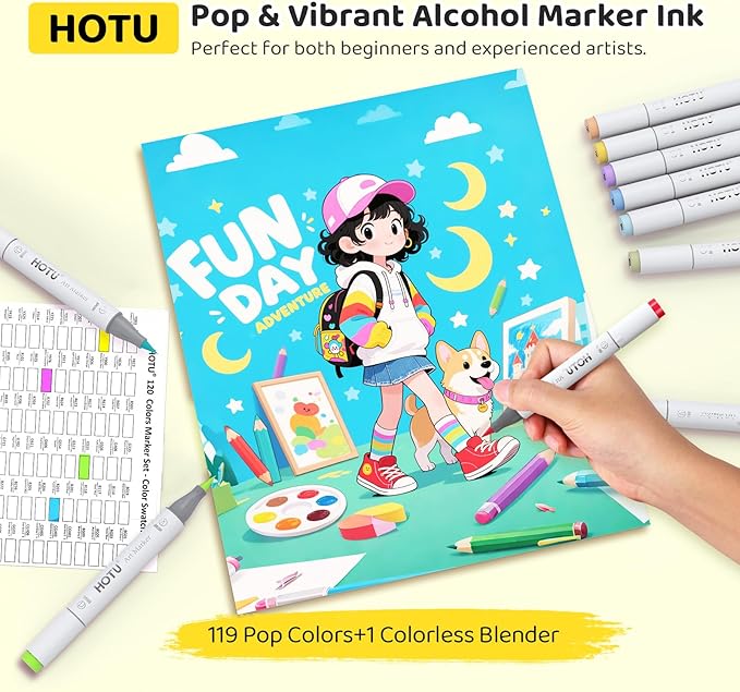 HOTU Alcohol Markers Brush Tip-120 Colors Dual Tip Art Markers for Adult Coloring, with Pro Ink, Seamless Blend, Non-Bleeding Pad & Color Card, Pens for Amateurs/Artists (Brush & Chisel Tip)