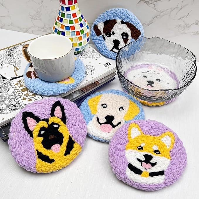 Punch Needle Coaster Kit for Adults Beginners, Easy Punch Embroidery Starter Set with Instructions – Fun Mug Rug Making Kit for Table Decor & Festival DIY Gifts (6pcs Cute Dogs)