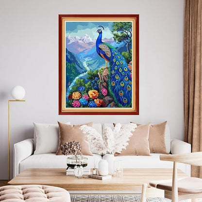 Funchey Stamped Cross Stitch Kits, DIY Cross Stitch Pattern for Adults Beginners Needlepoint Kits Embroidery Kit Arts and Crafts 11CT&Blue Peacock Landscape 16x20 inch
