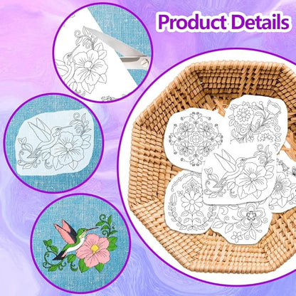 ORIGACH 4 Sheets Large Water Soluble Embroidery Patterns Stabilizers - Pre-Printed Scandinavian Floral Designs - Stick & Stitch Embroidery Paper for Hand Sewing Lovers