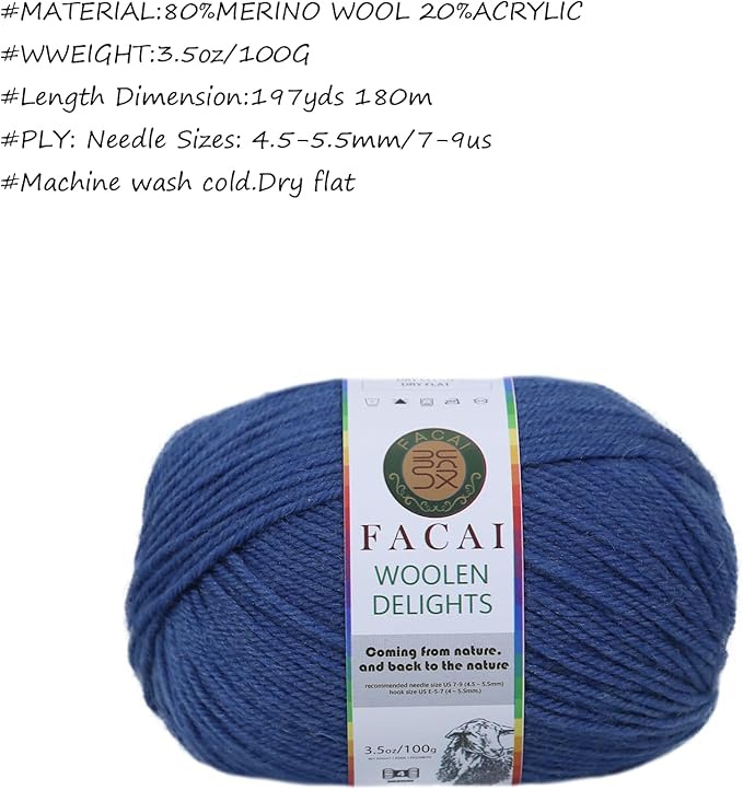 Facai Blend Merino Wool Yarn for Knitting - Worsted Weight,197yds (3.5oz) Ball, Ideal for Sweaters, Scarves, and Accessories (3, Dark Blue)
